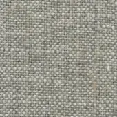 Woven fabric sample, muted gray-green, textured with speckled lighter gray and off-white threads, dense plain weave, matte finish, label visible.